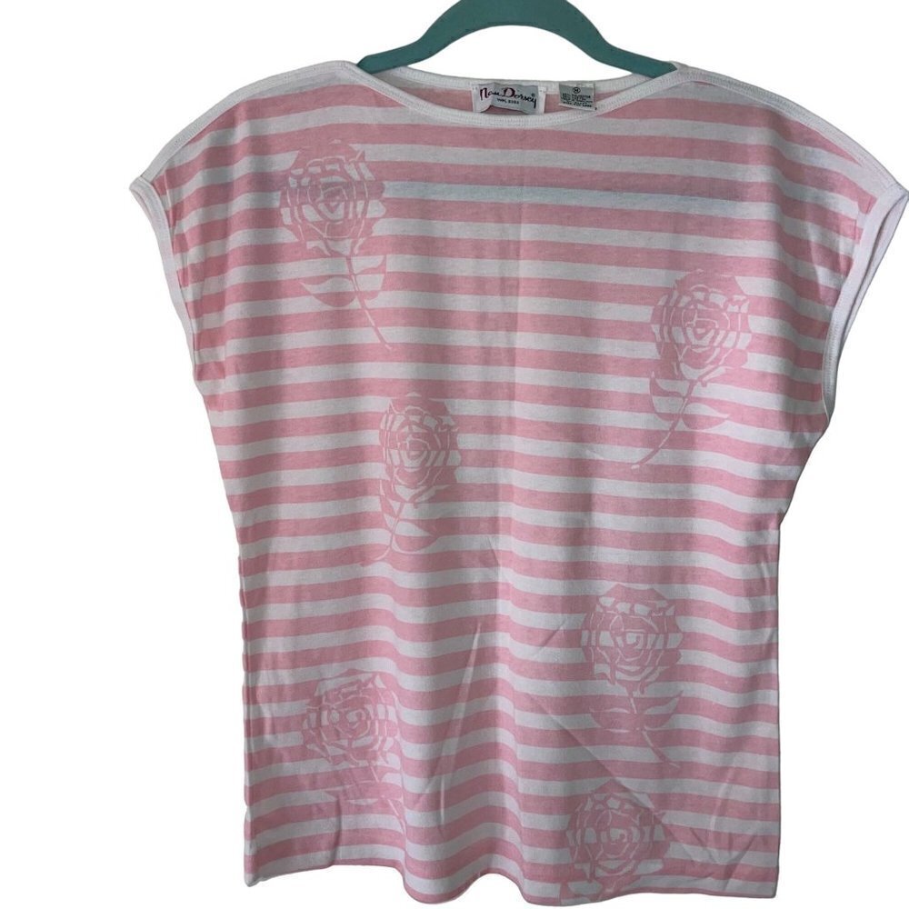Nan Dorsey Vintage Womens Top Size Medium Pink White Striped Rose Cotton Blend